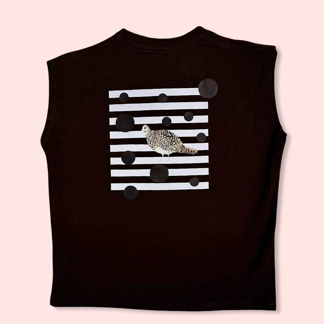 Back view of brown sleeveless top featuring a white striped pattern with a hand-illustrated pheasant in the center.