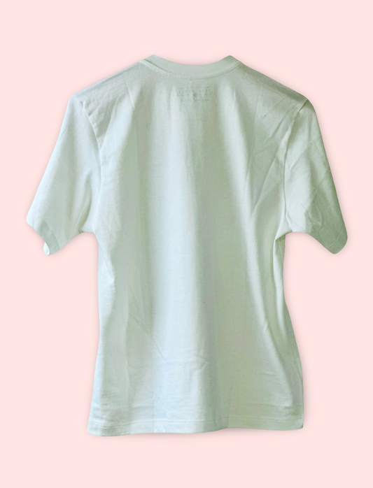 Back of white t-shirt on a pink background