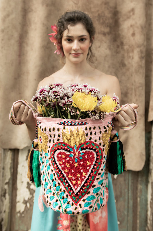 Heart Embroidered Tapestry Handbag